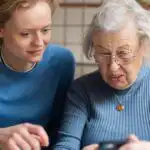 Older lady sat at a kitchen table next to a younger lady, they are both looking at a mobile phone with interest.