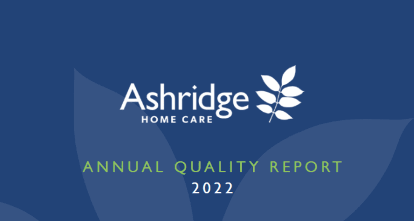 Blue background with a white leaf logo and the text "Ashridge Home Care." Below, green text reads "Annual Quality Report 2022."