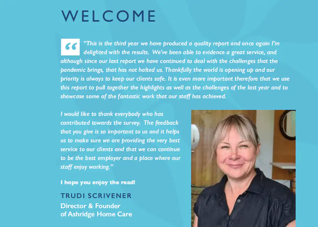 Cut out from a brochure including a welcome written by the owner and director of Ashridge Home Care, Trudi Scrivener