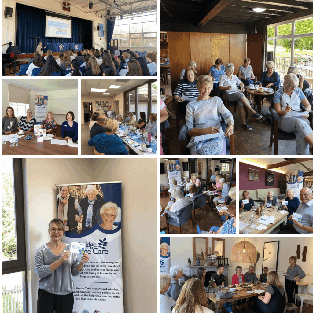 Collage of community events featuring group gatherings and presentations. Participants, mainly older adults, are engaged and smiling.
