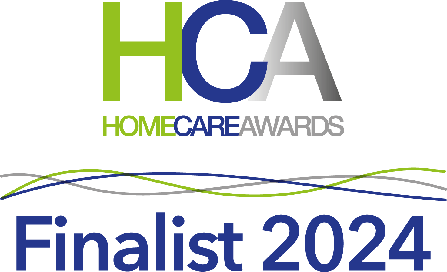 HCA Home Care Awards logo in green, blue, and grey on a black background with 'Finalist 2024' in bold blue below, featuring wavy colour lines.
