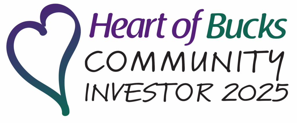 Logo with a stylised heart outline and the text "Heart of Bucks Community Investor 2025" in purple, blue, and green fonts.