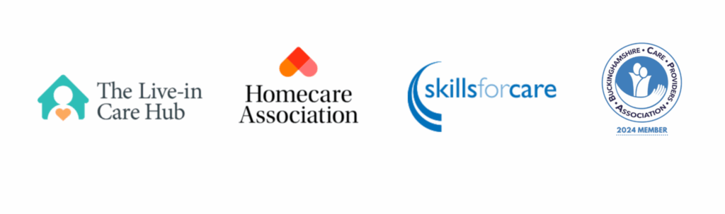 Logos of The Live-in Care Hub, Homecare Association, Skills for Care, and a blue circular emblem with a hand icon and text, on a white background.