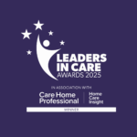 Award logo on purple background. White silhouette of a person with stars and bold text: "Leaders in Care Awards 2025, Winner." Emphasises excellence in care.