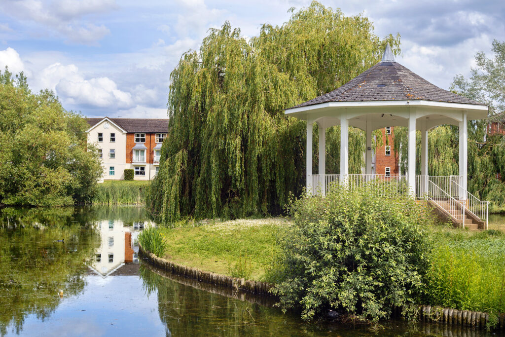 The Bandstand and lake at Watermead, Aylesbury in Buckinghamshire, United Kingdom