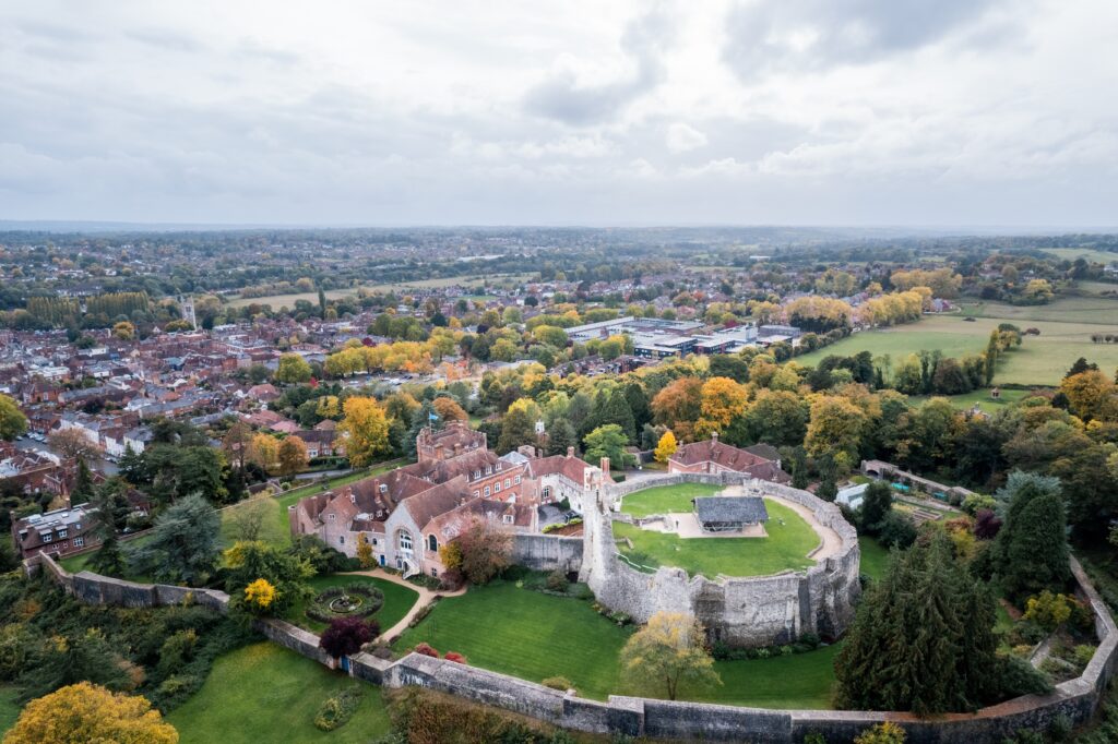 Aerial view looking down over Farnham Castle, Surrey, United Kingdom.
