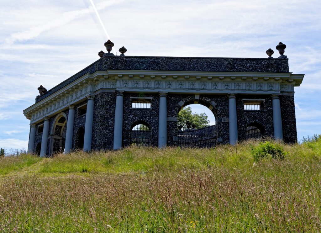 View of The Dashwood Mausoleum, built by Sir Francis Dashwood, on West Wycombe Hill, West Wycombe, Buckinghamshire, United Kingdom.
