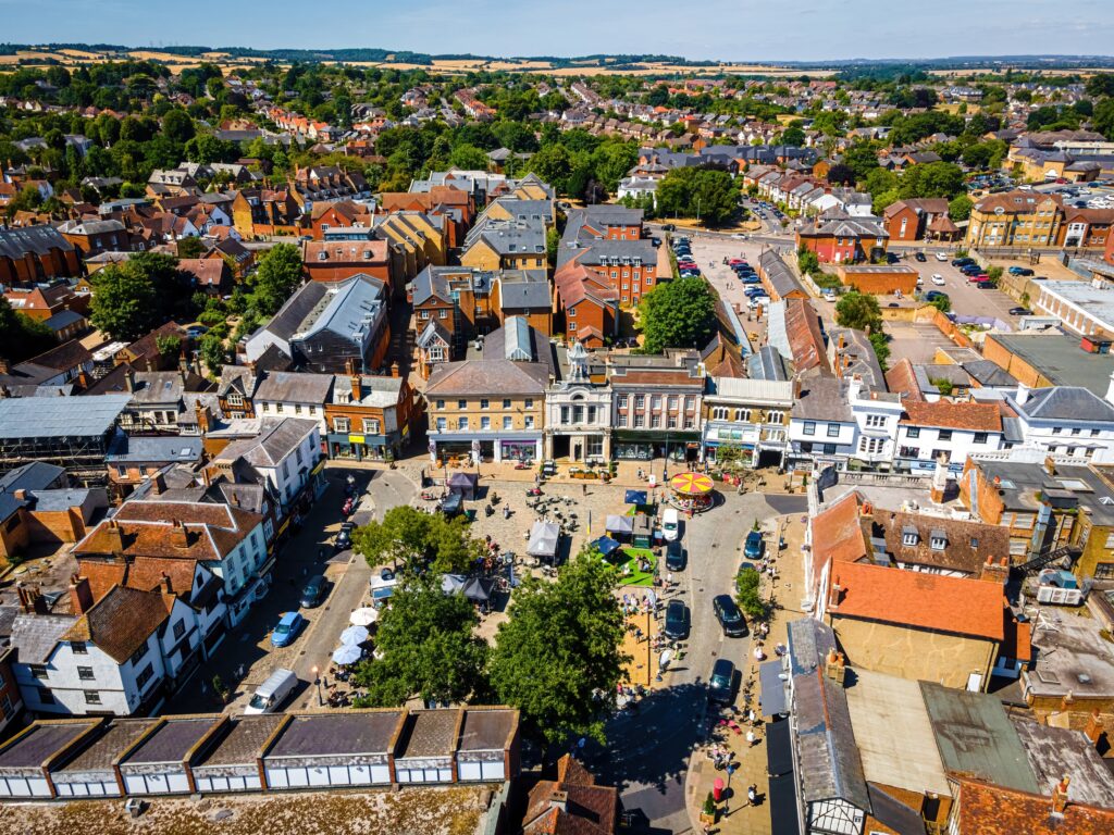 Aerial view of market square in Hitchin in the North Hertfordshire district in Hertfordshire, England