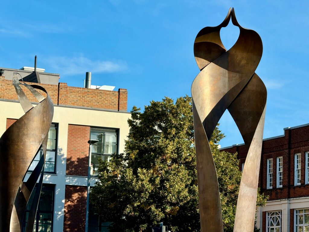 Beacon or torch sculptures in the town centre of Letchworth Garden City, Hertfordshire