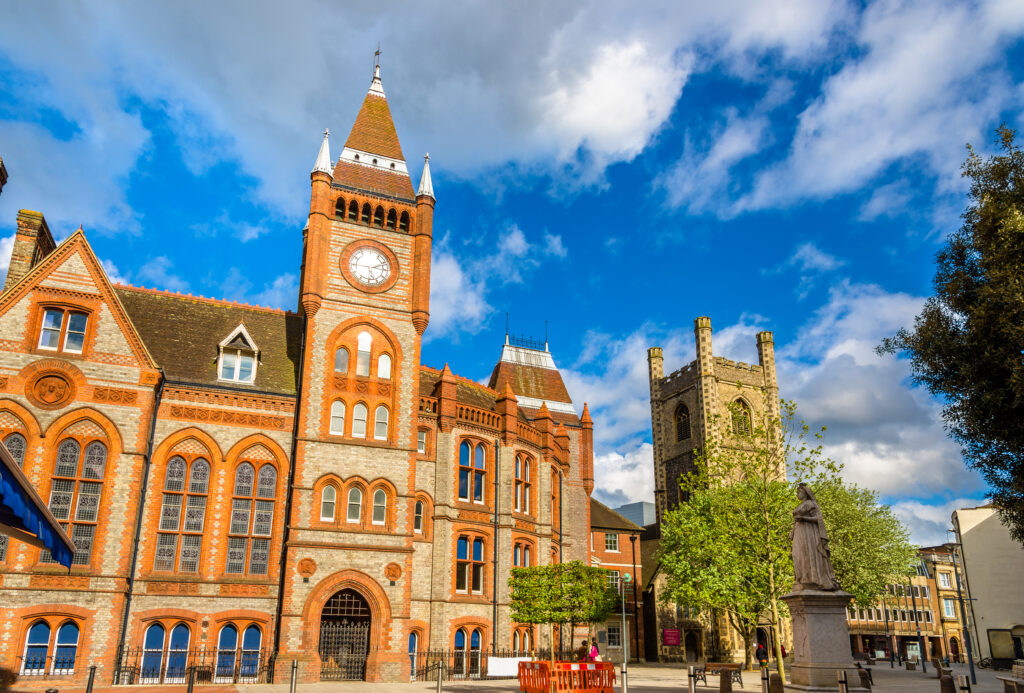 Front of Reading town hall in summertime.