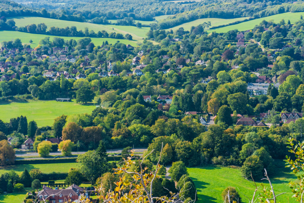View of English countryside in Autumn, North Downs in Surrey, UK