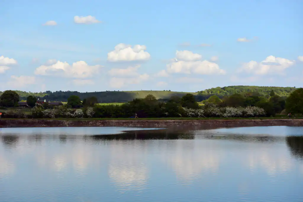 View across the water at Tring nature reservoir, Hertfordshire, during springtime.