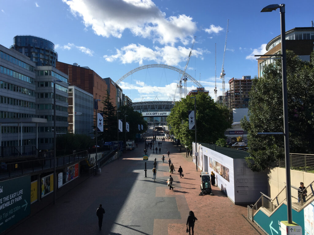 A look down Olympic Way at the iconic Wembley Stadium, London. United Kingdom.