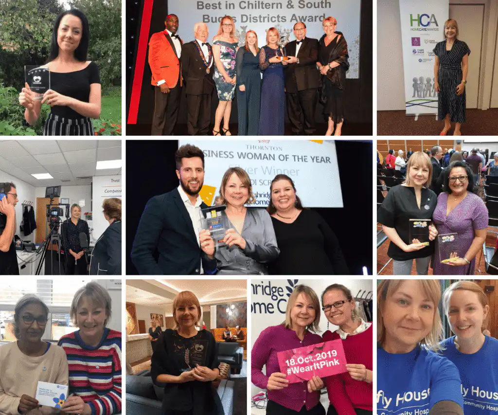 Snapshot of the Ashridge Home Care team at industry awards and supporting local charitable causes.