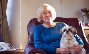 Parkinsons care-old lady on armchair with dog
