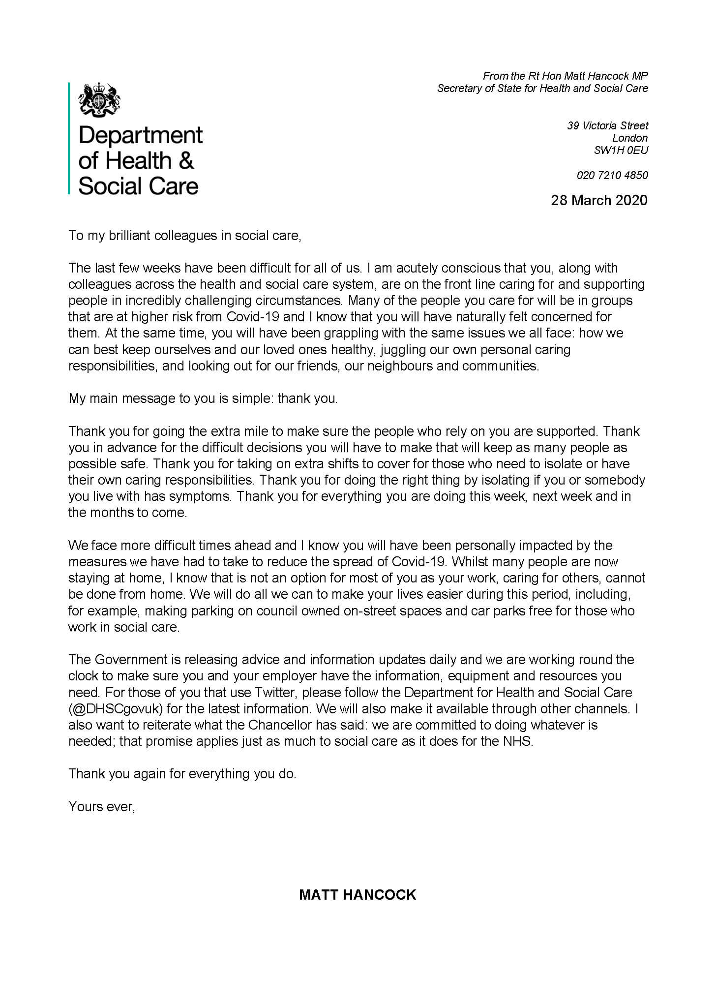 A message from the Health and Social Care Secretary